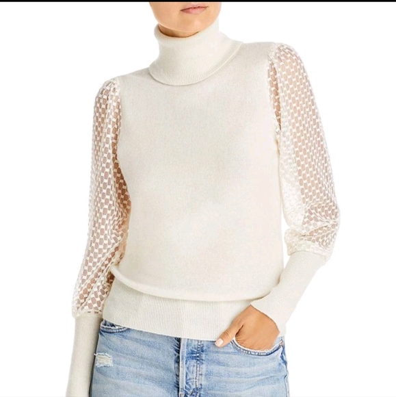 Aqua Cashmere Cream Turtleneck Sweater with Lace Bishop Sleeves XS - Picture 1 of 9